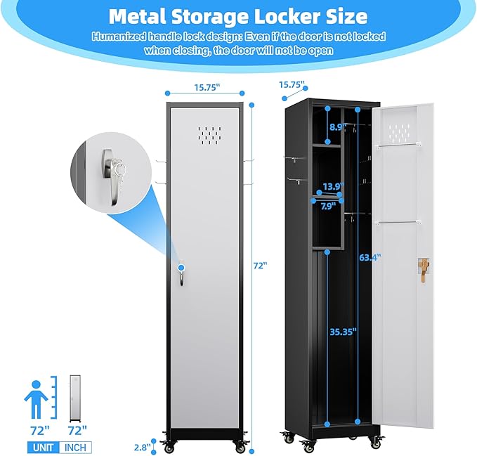 72''H Metal Broom Closet Storage Cabinet with Wheels & Pegboards, Mops Broom Closet Organizer with Locking Door & Hanging Rod,Cleaning Tool Garage Cabinet,Assembly Required,Black Gray