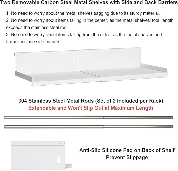 Expandable Under Cabinet Shelf Organizer with 0.94-Inch Thick Clips, Heavy Duty Extendable Under Shelf Storage Basket for Pantry or Laundry Room, White, 2 Pack, Interior: 4.13" H x 7.2" D