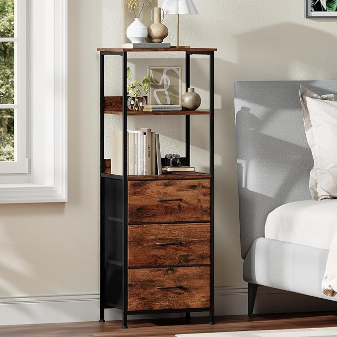 Somdot 3 Tier Bookshelf with Drawer, Tall Bookcase with Shelves, Bookshelf Desktop Organizer, Display Standing Shelf Units for Living Room, Bedroom, Study Room, Wood Grain Print