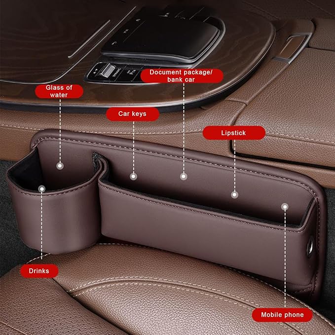 2-Pack Car Leather Cup Holder Gap Bag, Adjustable Car Seat Gap Storage Box Leather with Cup Holder for Phones Glasses Keys Cards (Beige. Driver- Passenger)