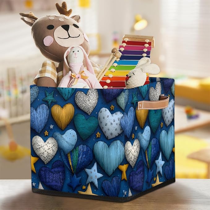 TropicalLife 13x13x13 Inch Large Fabric Storage Cube Vintage Valentine's Day Hearts Foldable Storage Bin with Handles Organizer Boxes Cube Basket for Shelves Organizing Closet