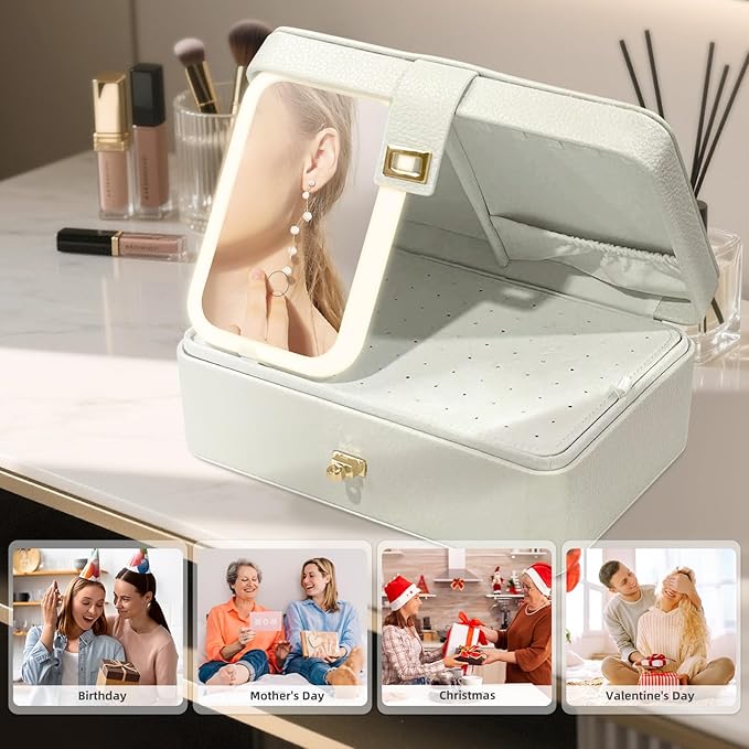LED Jewelry Box with Mirror- Jewelry Organizer with Movable Compartment Pieces, 6.69 x 9.45 x 3.74 Inches, PU Surface Womens Jewelry Case for Necklaces, Rings, Bracelets, Gift for Women,Cloud White