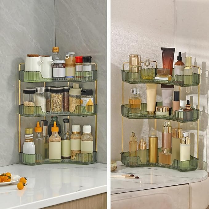 Corner Bathroom Countertop Organizer, Vanity Trays for Bathroom Counter, Makeup Organizer, Perfume Tray, Kitchen Spice Rack, Fits 90 Corner(Green, 3 Tiers)