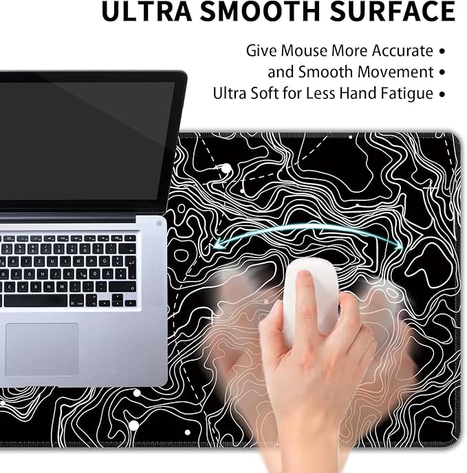 Black with White Topographic Line Large Mouse Pad,Gaming Keyboard Desk Pad,Extended Mouse Mat Non-Slip Rubber Base with Stitched Edges for Office Game Home XL 31.5"x11.8"