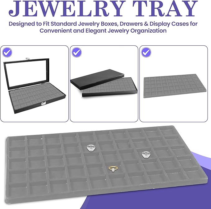 Novel Box 5 Pack 50-Slot Gray Liner Jewelry Storage Tray Inserts 14.75x8.25x1 Inches - Jewelry Organizer Pad for Drawers & Store Displays - Jewelry Display Pads for Rings Earrings & Pendants