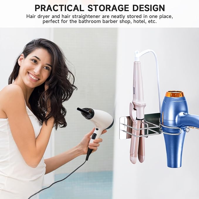 Hair Straightener Holder Hair Dryer Holder Wall Mounted, Blow Dryer and Curling Iron Holder, Blow Dryer Holder Wall Adhesive, Hair Dryer and Straightener Holder for Bathroom Salon (Silver)