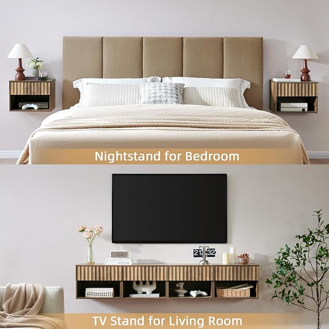 Floating Nightstand with Fluted Drawer - Modern Wall Mounted Bedside Table with Open Storage Shelf, Small Night Stand TV Stand for Bedroom(Rustic Brown)