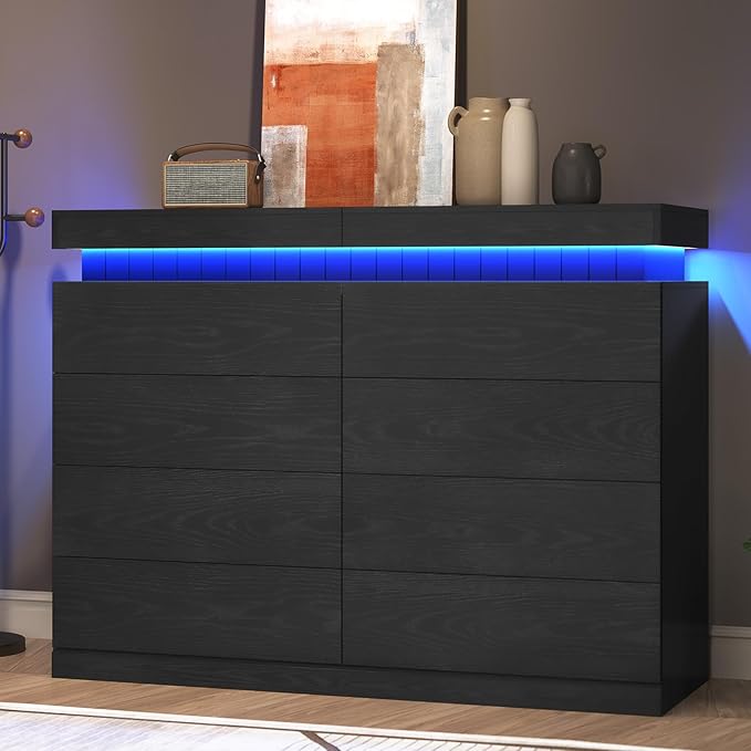 Tall Black 8 Dresser for Bedroom, Sliding Top Storage Space, Modern Wood Drawers with LED Light and Power Outlet, Large Chest of Drawer for Living Room, Hallway, Entryway (8 Drawers,Black)