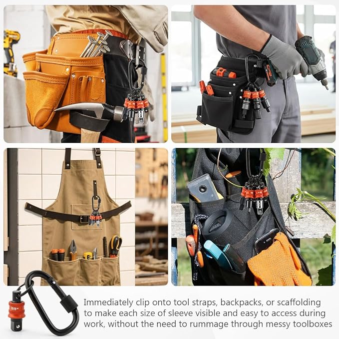 5Pcs Socket Holder Key Chain, 3/8" Drive Socket Organizer Keychain Quick Release Design with Carabiner, Impact Wrench Accessories for Lineman, Electricians, Construction Crews(SIZE:3/8 Inch)