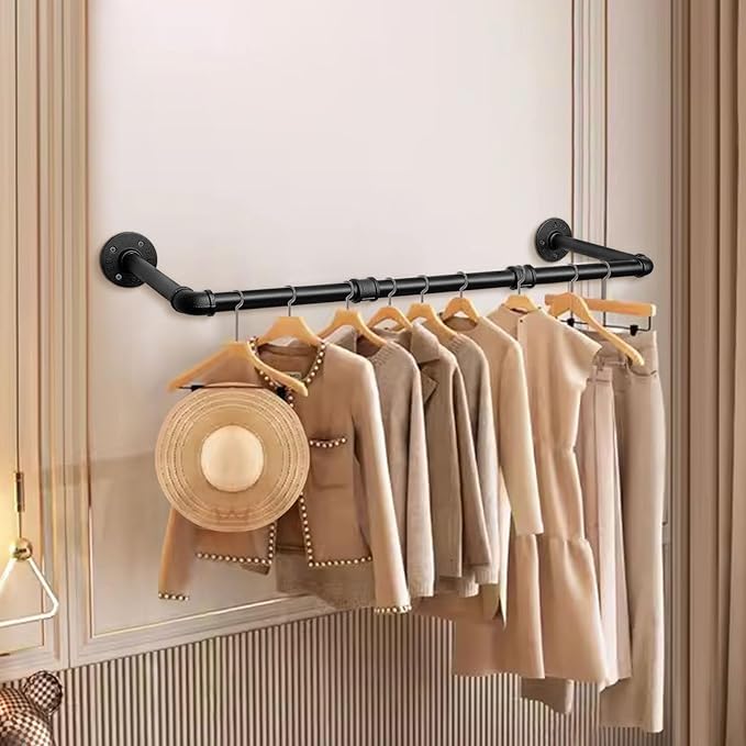 Industrial Iron Pipe Clothes Hanging Bar DIY Wall-Mounted Garment Rack Heavy Duty Clothing Rack for Bedroom, Laundry Room, Closet Storage (Black 40 inch)