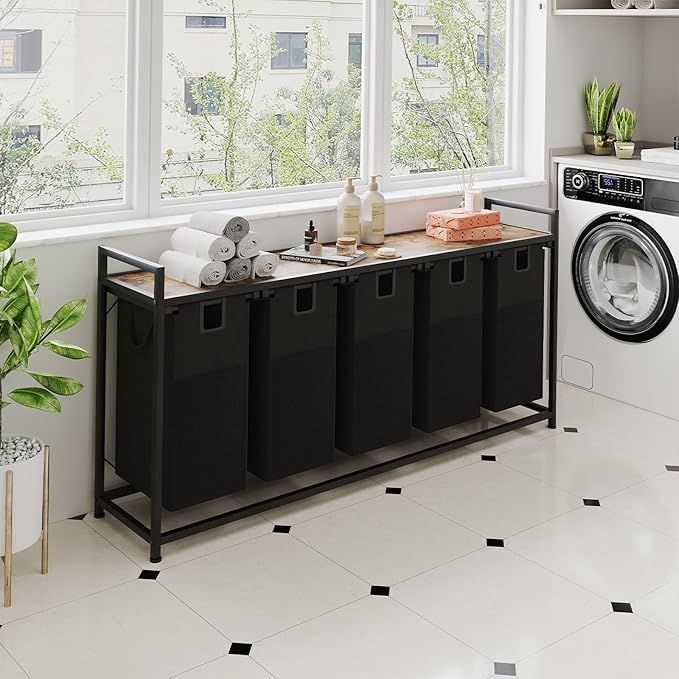 Laundry Basket Five Laundry Hamper with Removable Bags, Fabric Handles, Large Top Shelf and Laundry Bag for Bathroom, Dorm, Laundry Room