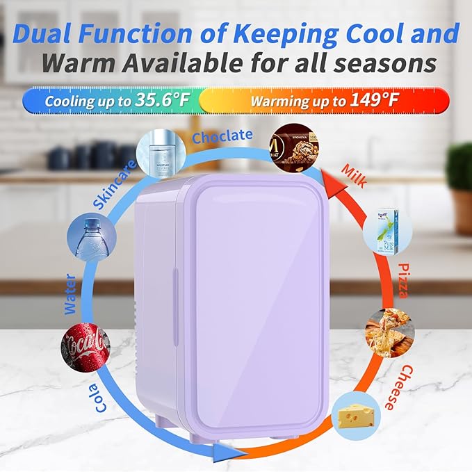 Mini Fridge, 6 Liter/8 Can 110V AC/DC Portable Thermoelectric Cooler Refrigerators for Bedroom, Skincare, Beverage, Office, Dorm Room and Car, Purple