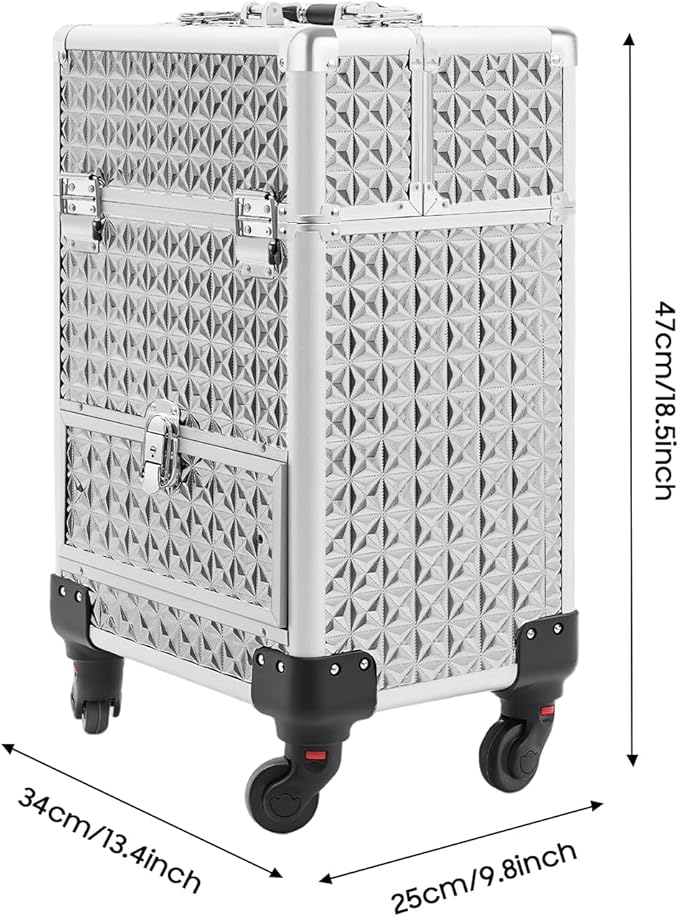 Rolling Makeup Train Case with Drawers, Portable Rolling Makeup Cart with Wheels, Silver Cosmetology Storage Cart with 6 Compartments for Makeup Artists, Hairdressers, Pet Groomers