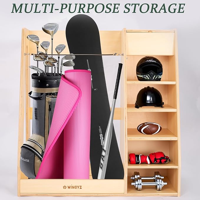 wingyz Wooden Golf Storage Organizer for Garage Fits 2 Bags for Any Level Golfer Great Gift, Golf Bag Rack Club Holder with 12-Ball Display Rack and 5 Shelves for Equipment Accessories