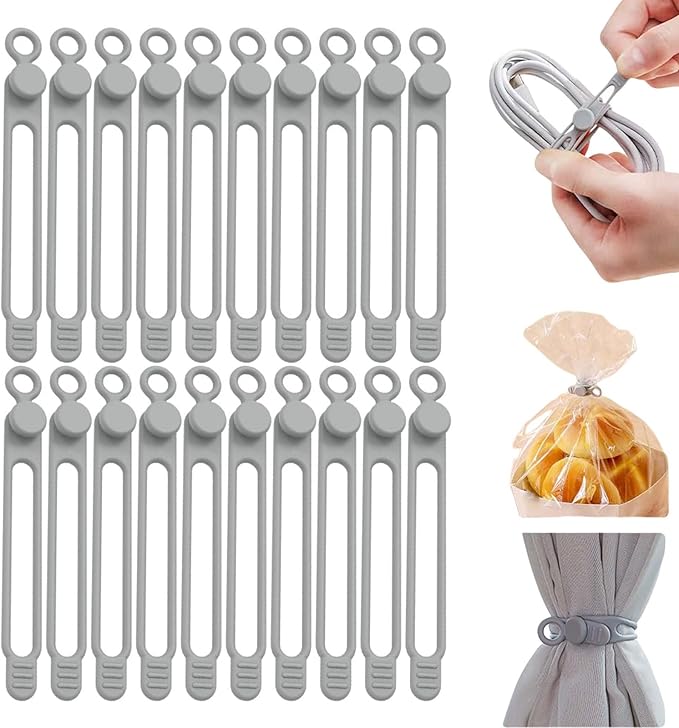 Data Cable Organizer, Silicone Cable Ties Reusable - Elastic Cord Organizer for Electronics, Adjustable Wire Ties for Cable Management,Computer Wires,Phone Charger,Earphone,Home Office (Gray, 20PCS)
