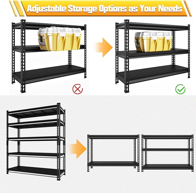 48" W Garage Storage Shelves Heavy Duty, 2800LBS Loads Adjustable Garage Shelving, 5-Tier Metal Shelving Units and Storage Racks, Industrial Utility Shelf,48" Wx18 Dx78 H, Black