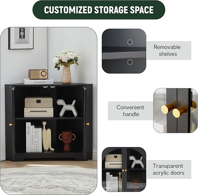 31.5" Mid-Century Modern Small Coner Storage Cabinet, Black Coner Cabinet with Arched Acrylic Mullion Door & Adjustable Shelf for Living Room, Bathroom, Kitchen Coofee Bar (Black)