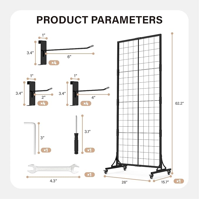 HUHOLE Gridwall Panel Display Stand, 2.2' × 5.2' Ft Movable Grid Wall Panel Display Stand, Heavy-Duty Floorstanding Wire Display with Extra 12 Hooks for Retail, Garage Organization, Craft Fairs