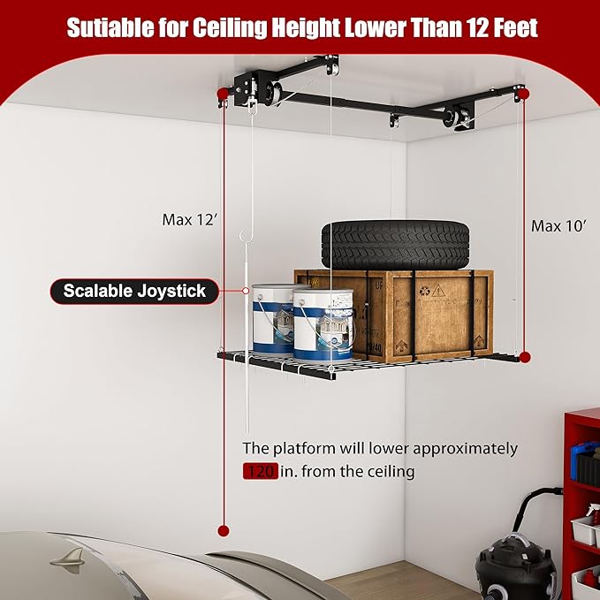 Overhead Garage Storage Rack 4x4 FT, Adjustable Ceiling Lift Storage System for 10–12 FT Ceilings, Heavy-Duty Steel Overhead Shelf with Crank Handle, Safety Lock, 250 lbs Capacity