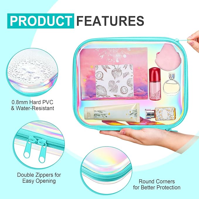 Sanwuta 6 Pcs Clear Hard Zipper Case Hard Plastic Zipper Pouches Transparent Makeup Bag Pencil Pouches for Travel Snacks Christmas Trinket Storage Organizer Box(Holographic,9.84 x 7.87 x 2 Inch)