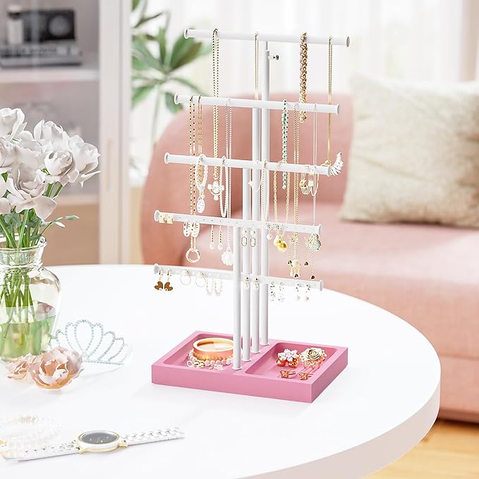 Love-KANKEI Jewelry Organizer Stand, 5 Tier Large Necklace Holder with Wood Base, Jewelry holder stand Tree for Display, Bracelets Earrings Rings, Height Adjustable Gift Pink and White