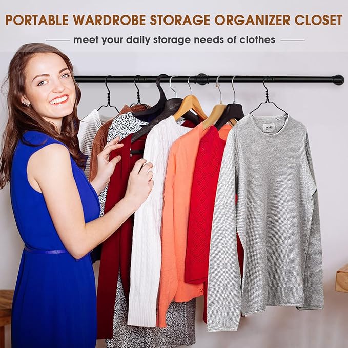 Clothes Hanger Pole Wall Mount, 72" Heavy Duty Detachable Black Iron Garment Bar Hanging Rod Holder, Clothes Rail Shelf Wardrobe Organizer for Laundry Room & Closet Storage, 3 Base