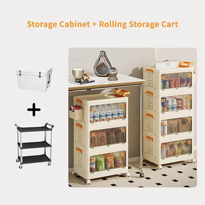 58 QT Storage Bins with Lids, Stackable Rolling Storage Cart with Clear Doors, 3 Tier Storage Cart on Wheels, Plastic Storage Containers for Home, Office, Kitchen, Bedroom, White