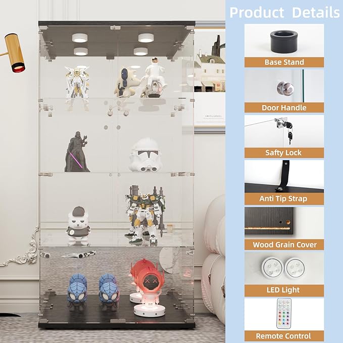 Beauty4U Glass Display Cabinet with LED Lights and Mirror, 4 Shelves with 2 Doors, Curio Cabinets for Living Room, Bedroom, Office, Black Floor Standing Glass Bookshelf, Quick Installation