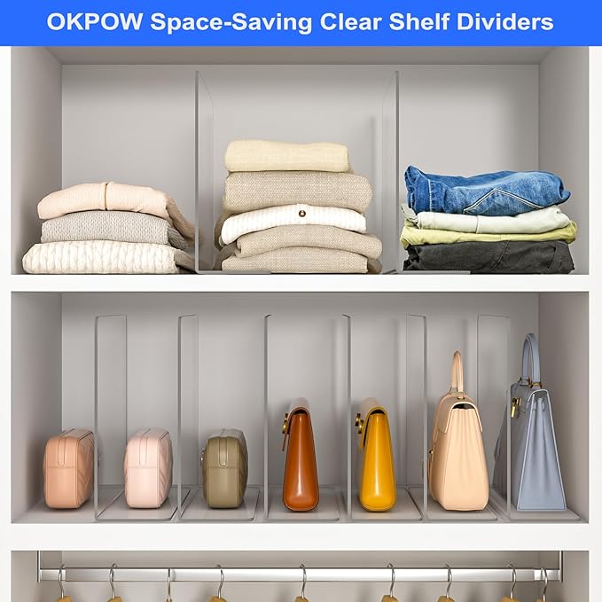 OKPOW Shelf Dividers Closet Organizer - 12" Tall X 9" Deep Acrylic Clear Sturdy Separate for Clothes Purse - Adjustable Space Saver Easy Install for Home Organization Enthusiasts 4 Pack