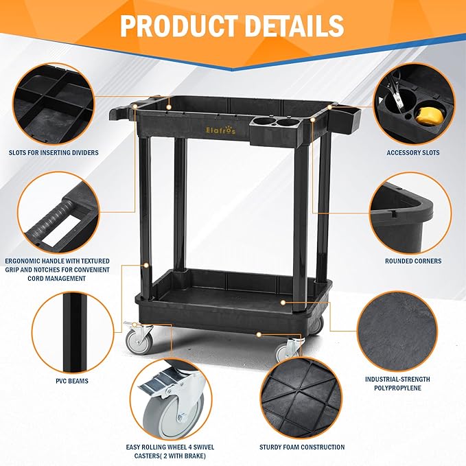 ELAFROS Heavy Duty 2-Shelf Utility Cart, 28x19 Inch, 330 lbs Capacity, Industrial Plastic, Locking Swivel Wheels - Multipurpose Service Rolling Cart for Home, Office, Industrial Use