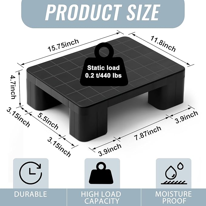 2 Pcs Plastic Pallet for Basement Storage Easy Stack Lightweight Floor Pallet Display Flooring Room Supermarket Christmas, Support up to 2000 Lbs (15.7'' L X 12'' W X 4.7'' H,Black)