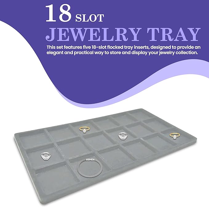 Novel Box 5 Pack 18-Slot Gray Liner Jewelry Storage Tray Inserts 14.75x8.25x1 Inches - Jewelry Organizer Pad for Drawers & Store Displays - Jewelry Display Pads for Rings Earrings & Pendants