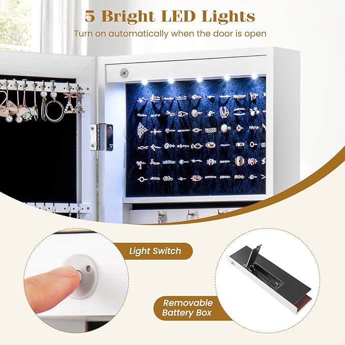 5 LEDs Mirrored Jewelry Cabinet Wall Mounted or Door Hanging, 42” Jewelry Box Armoire with Full Length Mirror, 2 Drawers & Shelves, Over the Door Jewelry organizers and Storage (White)