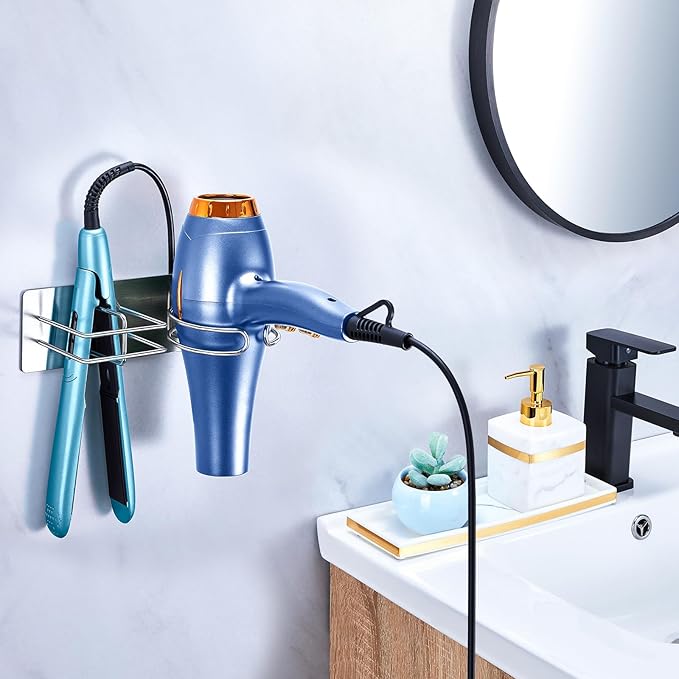 Hair Straightener Holder Hair Dryer Holder Wall Mounted, Blow Dryer and Curling Iron Holder, Blow Dryer Holder Wall Adhesive, Hair Dryer and Straightener Holder for Bathroom Salon (Silver)
