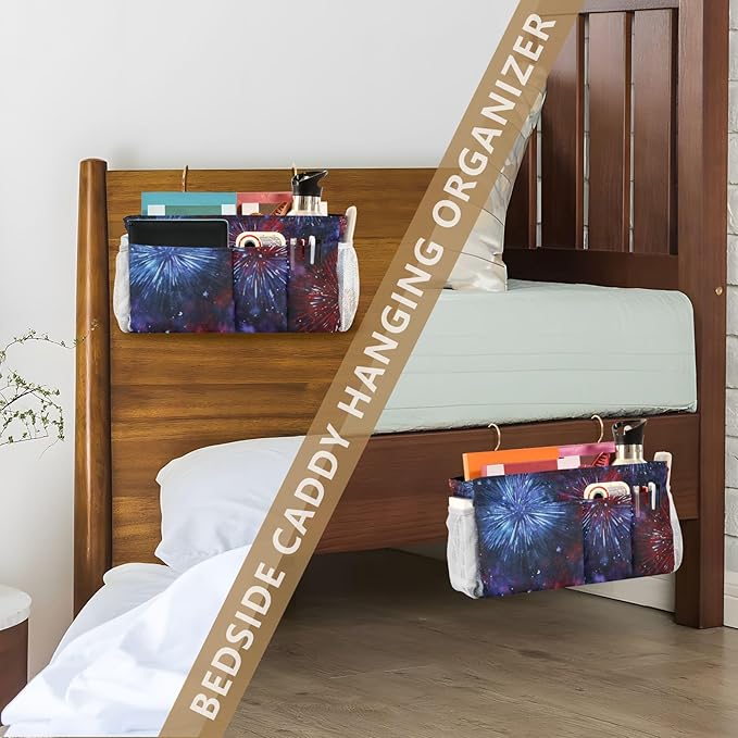 American Tie Dye Stars and Fireworks Bedside Caddy for Dorm Bed Bedside Hanging Caddy Bag Iron Frame Storage Organizer Pocket for Bunk Home College Hospital Beds 2 Hooks