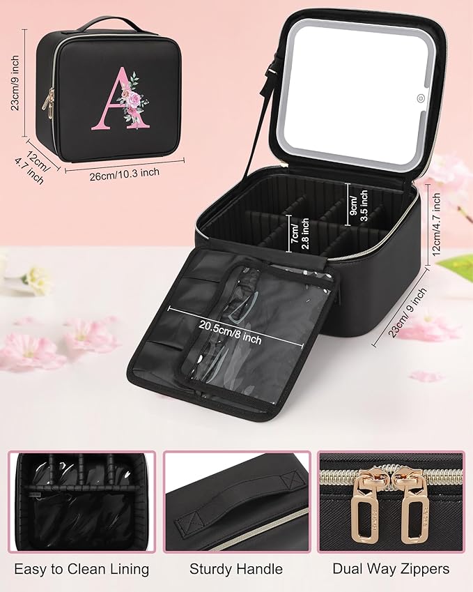 Relavel Initial Makeup Bag with LED Mirror for Women Girls, Personalized Travel Cosmetic Organizer Train Case, Birthday Gifts for Grandkids Bridesmaid Graduation Teacher Friends, Trendy Stuff, Black L