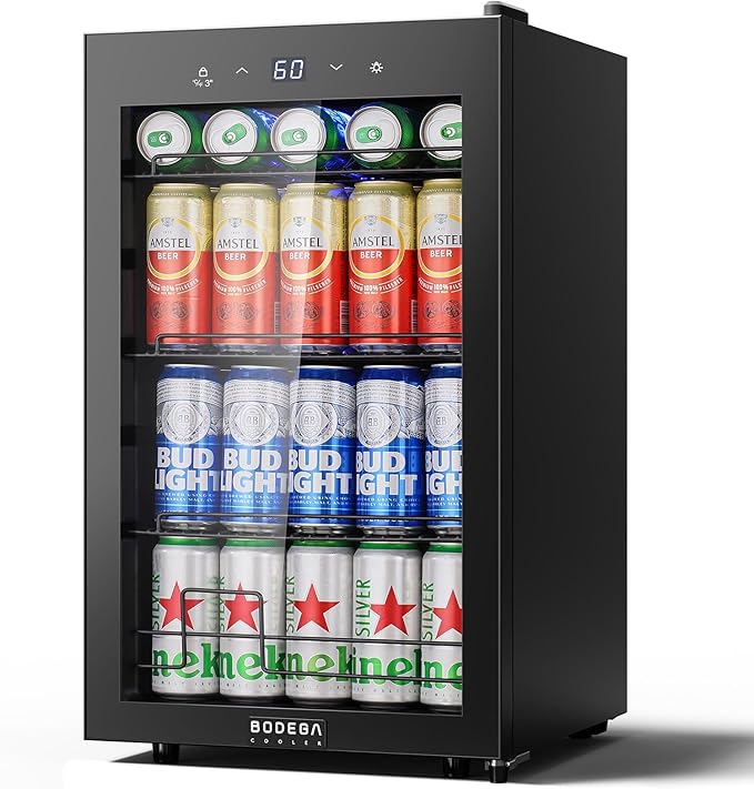 BODEGACOOLER 68L Beverage Refrigerator,120 Cans Tempered Glass Door Beverage Cooler with LED Light and Adjustable Chrome Shelves, for Kitchen Office Bar (17.7"x17.3"x29.5")