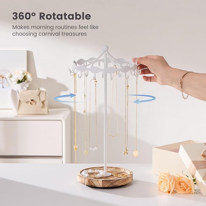 Lolalet Rotating Necklace Holder Stand with Metal Hooks, Spinning Display Carousels, Freestanding Organizer Hanger, for Long Necklaces Chains -White