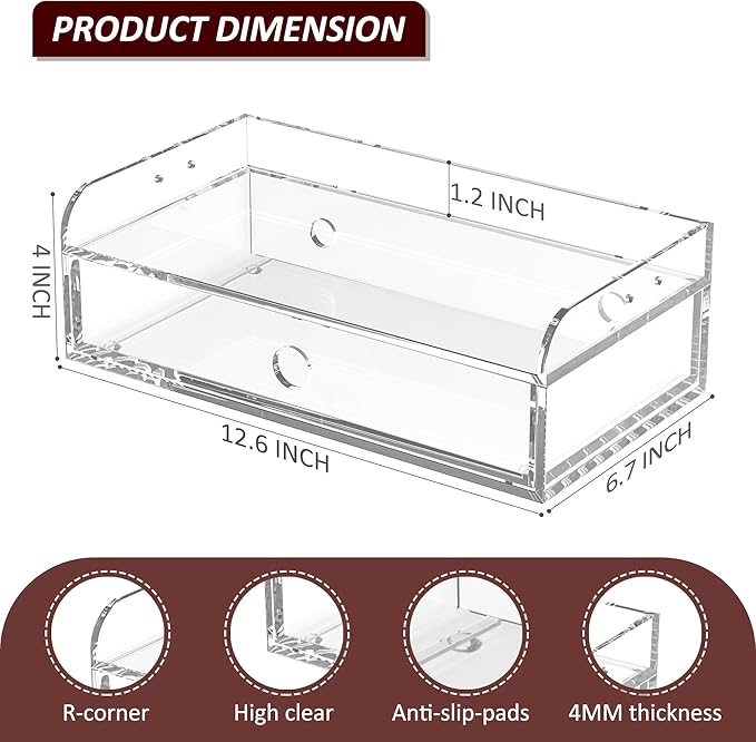 Acrylic Desk Organizer 12 "x 6.7" x 4", Clear Desktop Drawer Tabletop Storage Organization for Office Home Makeup Skincare Jewelry