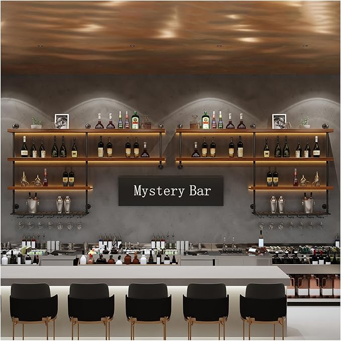 Solid Wood Wall Mounted Wine Rack, Large Wine Rack with LED Light, 4 Tiers Liquor Bottles Floating Shelves with Glass Holder, Industrial Bar Shelves for Home Bar Dining Room (118.1 IN/ 300CM)