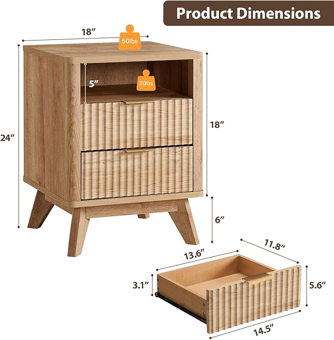 Fluted Nightstand - 24" Modern Bedside Table w/ 2 Drawers, Wood Bed Side End Table with Open Shelf, Night Stand with Storage Drawer, Curved Design Night Stands for Bedroom Living Room (Nature)