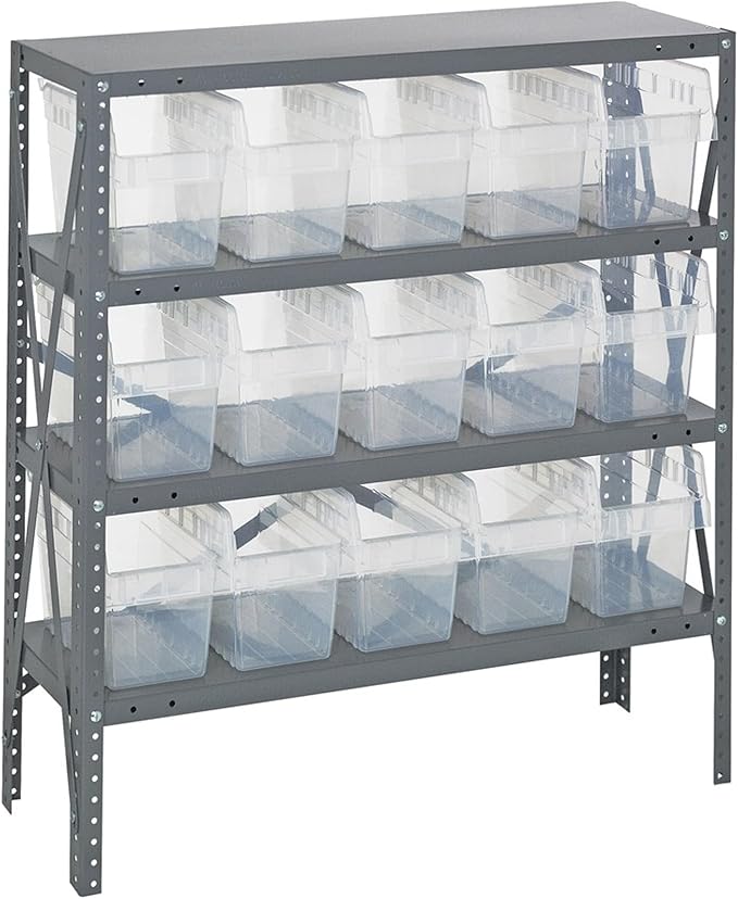 Quantum Storage Systems 1839-SB804CL Solid Heavy Duty 4 Shelves 15 STORE-MAX Clear Bins 39" H x 36" W x 18" D