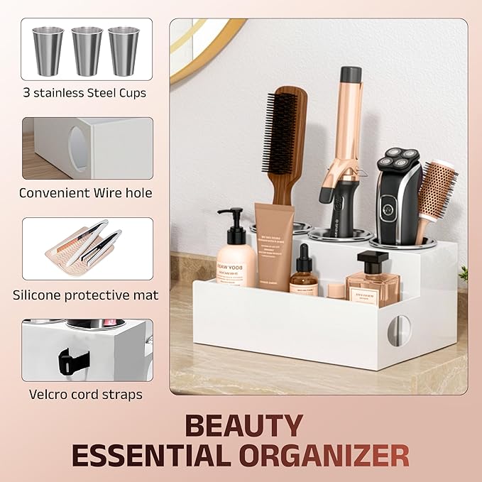 Casavita White Hair Tool Organizer with Heat-Resistant Mat - Durable Acrylic Makeup Organizer Countertop for Blow Dryers, Flat/Curling Irons, & Toiletries - Stainless Steel Cups, Cord Management