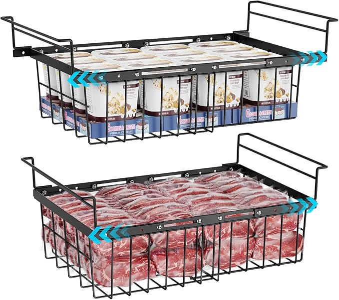 iSPECLE Large Chest Freezer Organizer Bins - 17.5" to 22.6" Expandable Length Baskets for Deep Freezer, Fit 10 to 20 Cu.FT, 2 Pack Adjustable Hanging Chest Freezer Basket, Black