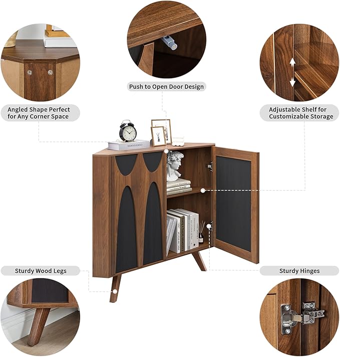 Small Corner Cabinet,Corner Floor Cabinet with Adjustable Doors and Shelve, Freestanding Narrow Storage Organizer for Kitchen Living Room Bathroom (Walnut and Black)