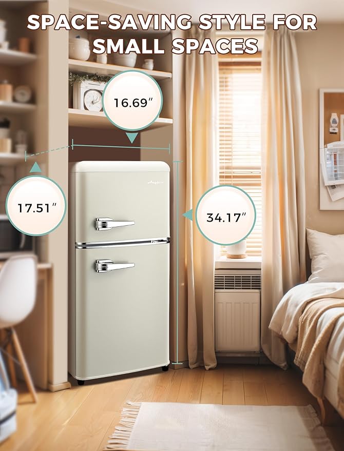 Fridge with Freezer, 3.2 Cu.Ft Retro Double Door Refrigerator with 7 Level Thermostat, Adjustable Removable Glass Shelves for Bedroom Office Apartment Dorm Bar, White