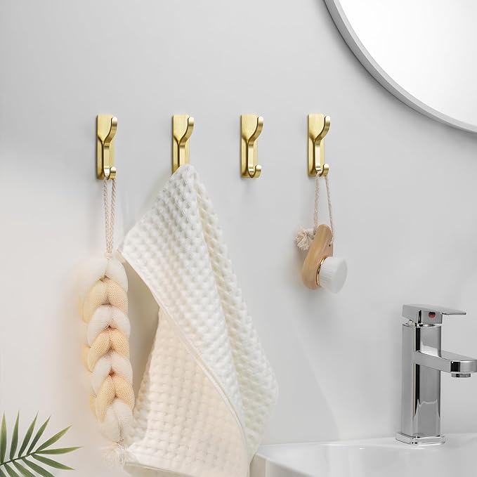 pickpiff Adhesive Wall Hooks for Hanging Towels: Brushed Gold Stainless Steel, 13LB Strong Hold Sticky Hangers for Coats, Purses,Bags, Keys - Bathroom, Kitchen, Door, Shower, Dorm, RV - 6 Pack