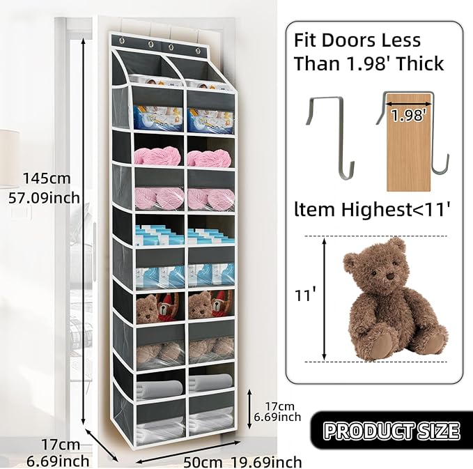 5-Tier Heavy Duty Over the Door Organizer with 10 Compartments - 600D Oxford Cloth Large Behind Door Storage for Closet, Nursery, Bedroom, Pantry, Diaper & Toy Organizer (Gray)