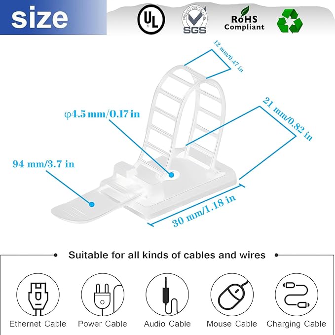 Cable Ties Cable Clips Wire Management Cord Clips Under,Desk Cable Management Reusable Zip Ties Wire Organizer Under Desk 50 Packs (White)