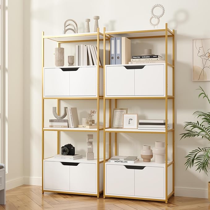 Industrial Bookshelf, Bookcase with 2 Cabinets, 6-Tier Display Book Shelf with Doors for Living Room, Home Office, Bedroom, Washroom, White and Gold
